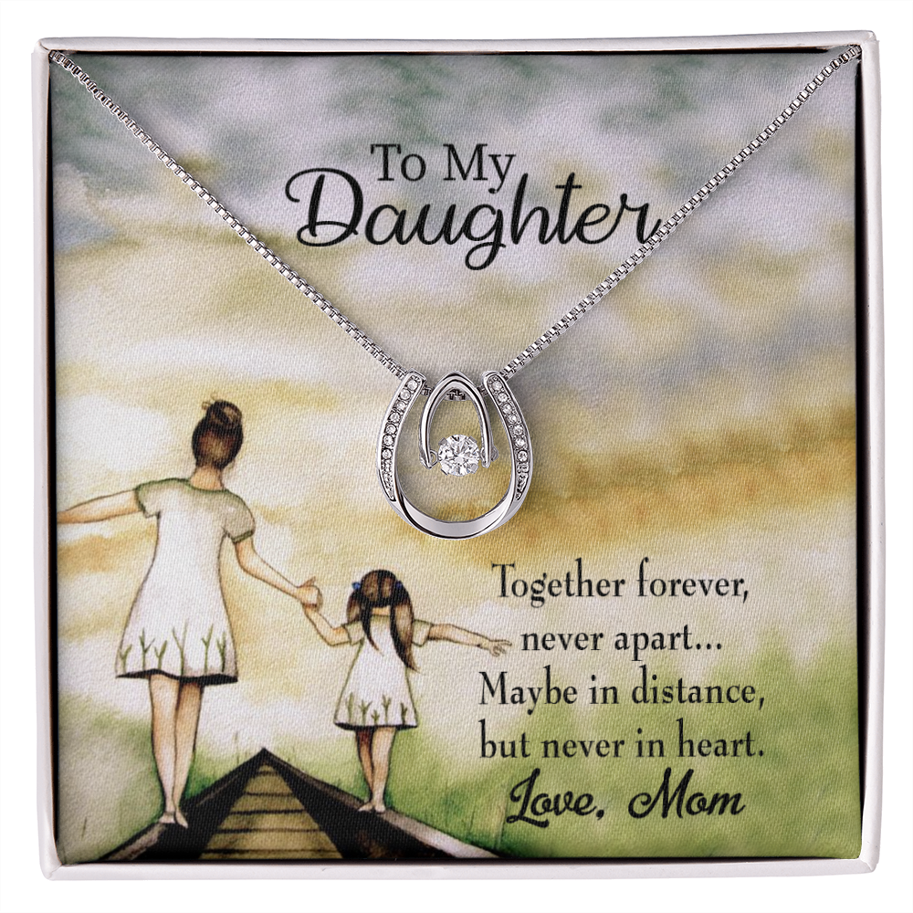 To My Daughter Never Apart from Mom Lucky Horseshoe Necklace Message Card 14k w CZ Crystals-Express Your Love Gifts