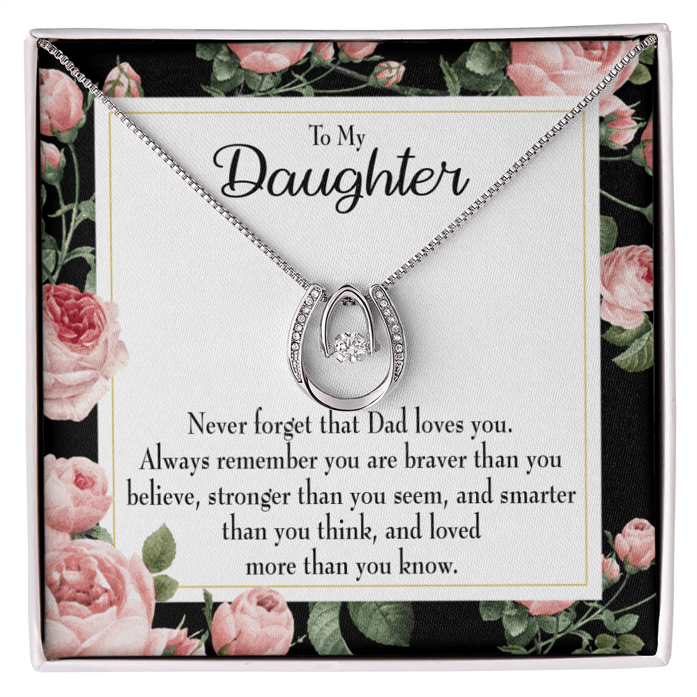 To My Daughter Never Forget From Dad Lucky Horseshoe Necklace Message Card 14k w CZ Crystals-Express Your Love Gifts