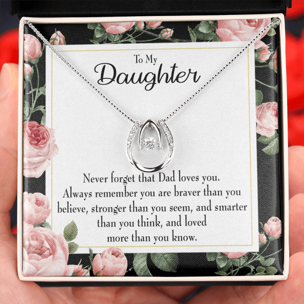 To My Daughter Never Forget From Dad Lucky Horseshoe Necklace Message Card 14k w CZ Crystals-Express Your Love Gifts