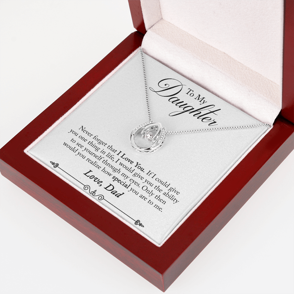 To My Daughter Never Forget From Dad White Lucky Horseshoe Necklace Message Card 14k w CZ Crystals-Express Your Love Gifts