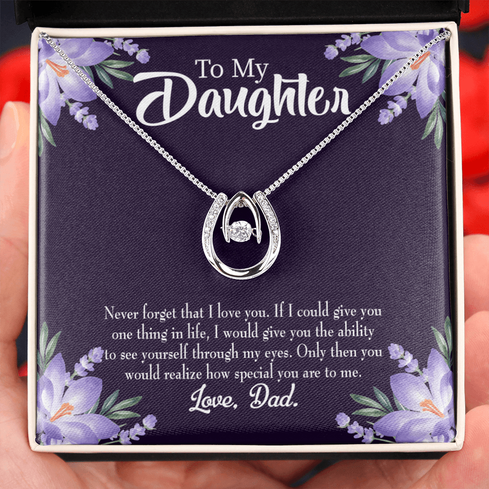 To My Daughter Never Forget That I Love You From Dad Lucky Horseshoe Necklace Message Card 14k w CZ Crystals-Express Your Love Gifts