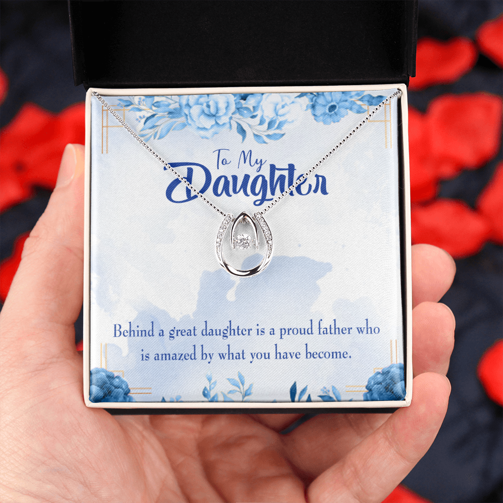 To My Daughter Proud Father Lucky Horseshoe Necklace Message Card 14k w CZ Crystals-Express Your Love Gifts