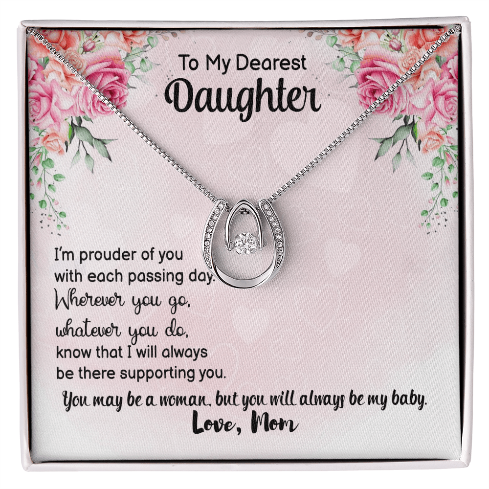 To My Daughter Prouder of You From Mom Lucky Horseshoe Necklace Message Card 14k w CZ Crystals-Express Your Love Gifts