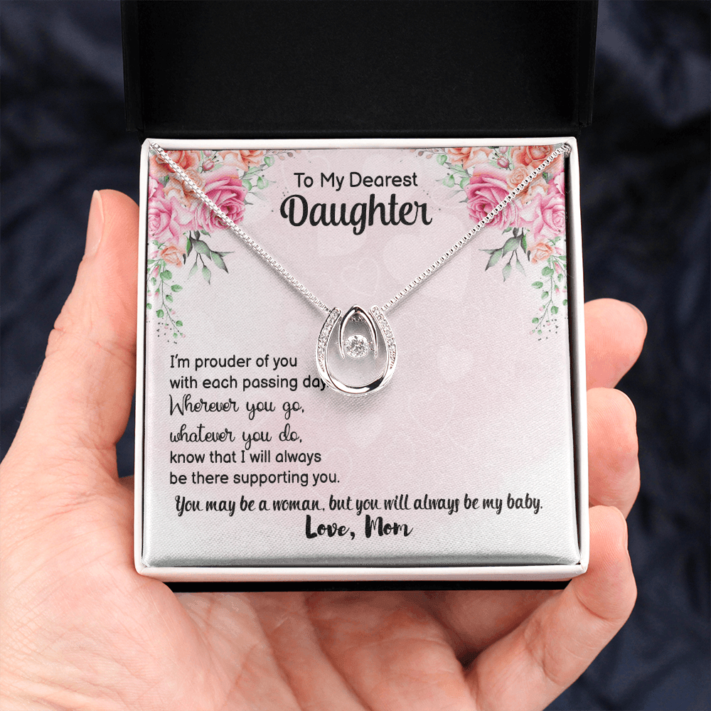 To My Daughter Prouder of You From Mom Lucky Horseshoe Necklace Message Card 14k w CZ Crystals-Express Your Love Gifts