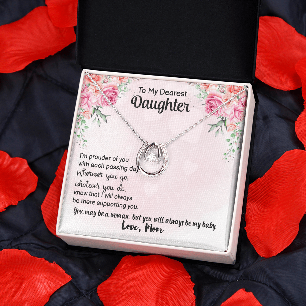 To My Daughter Prouder of You From Mom Lucky Horseshoe Necklace Message Card 14k w CZ Crystals-Express Your Love Gifts