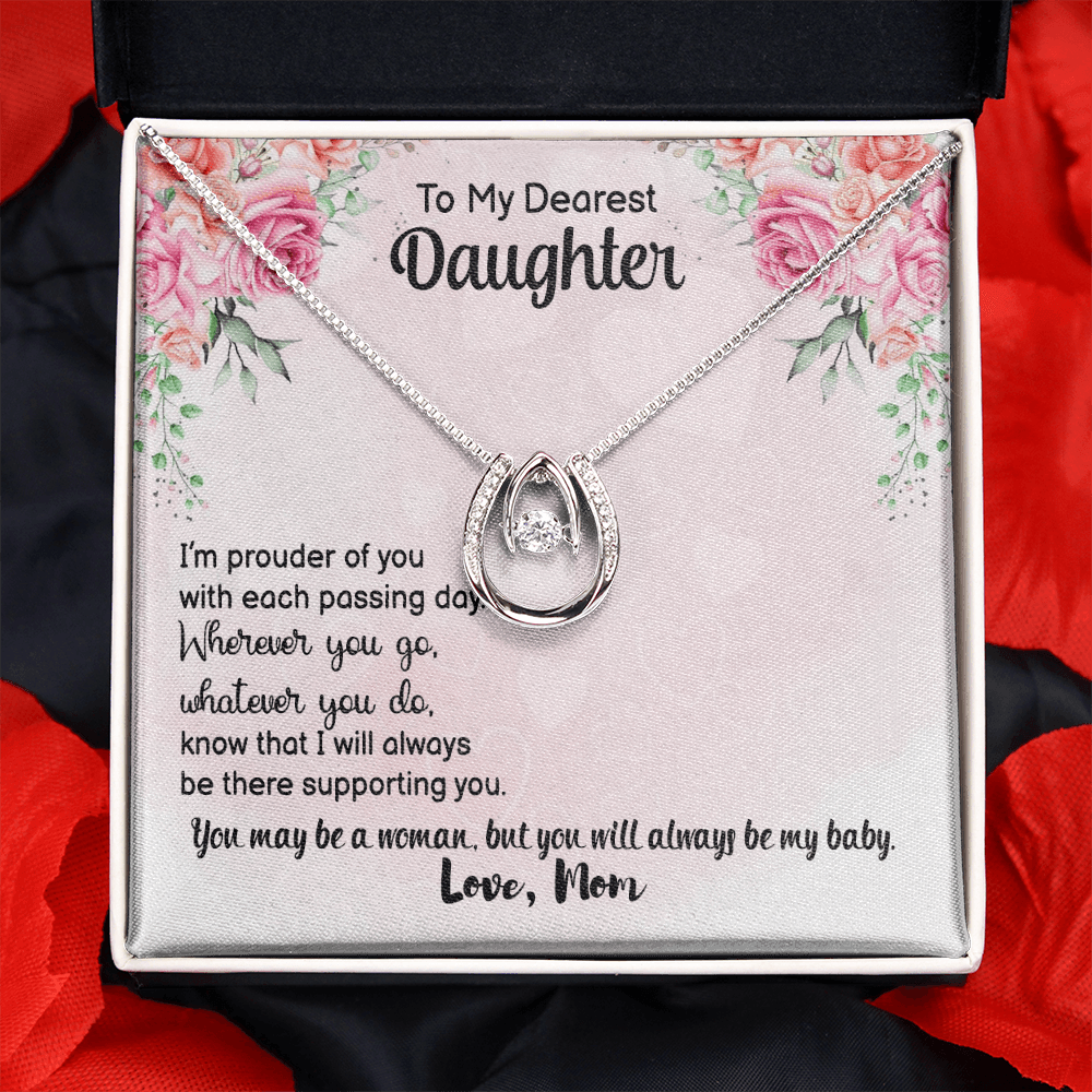 To My Daughter Prouder of You From Mom Lucky Horseshoe Necklace Message Card 14k w CZ Crystals-Express Your Love Gifts