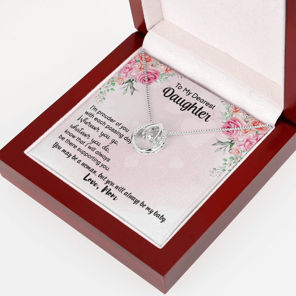 To My Daughter Prouder of You From Mom Lucky Horseshoe Necklace Message Card 14k w CZ Crystals-Express Your Love Gifts