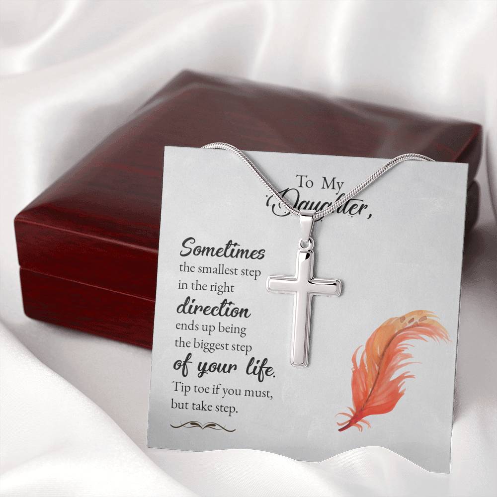 To My Daughter Smallest Step Cross Card Necklace w Stainless Steel Pendant-Express Your Love Gifts