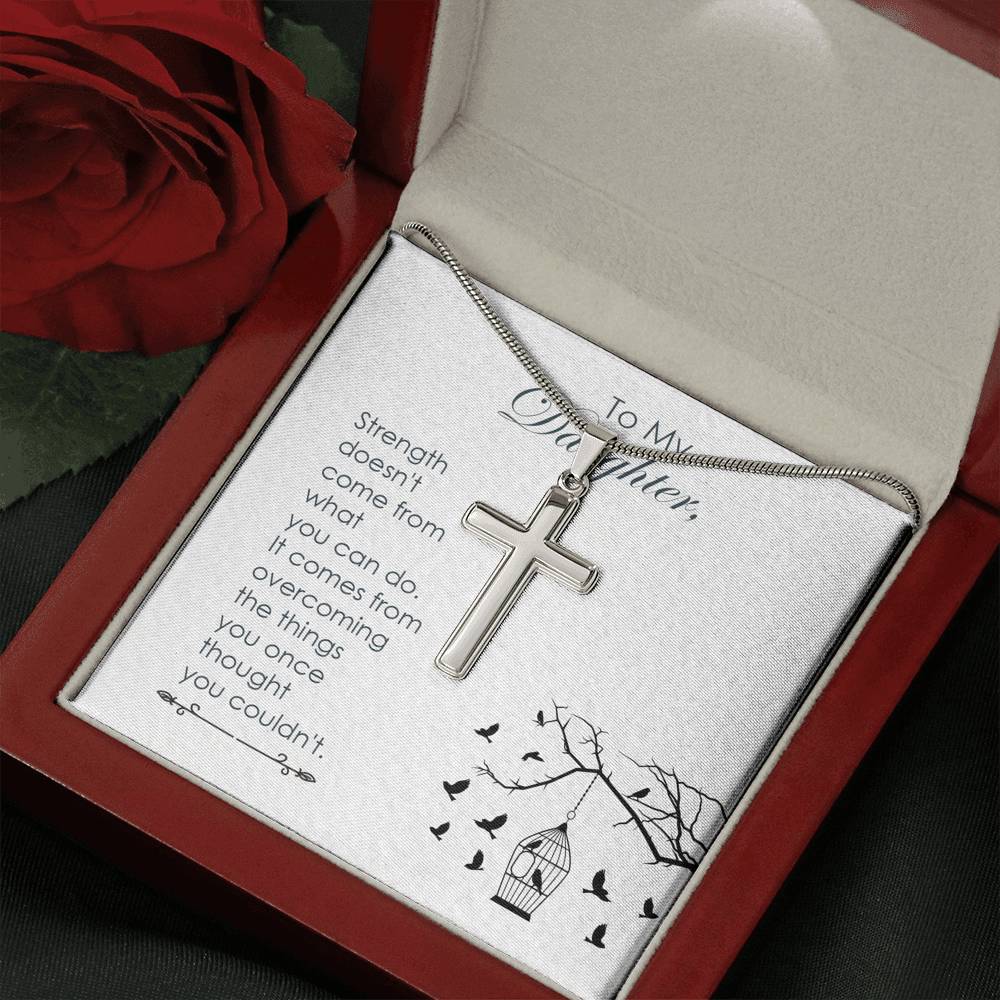 To My Daughter Strength Cross Card Necklace w Stainless Steel Pendant-Express Your Love Gifts