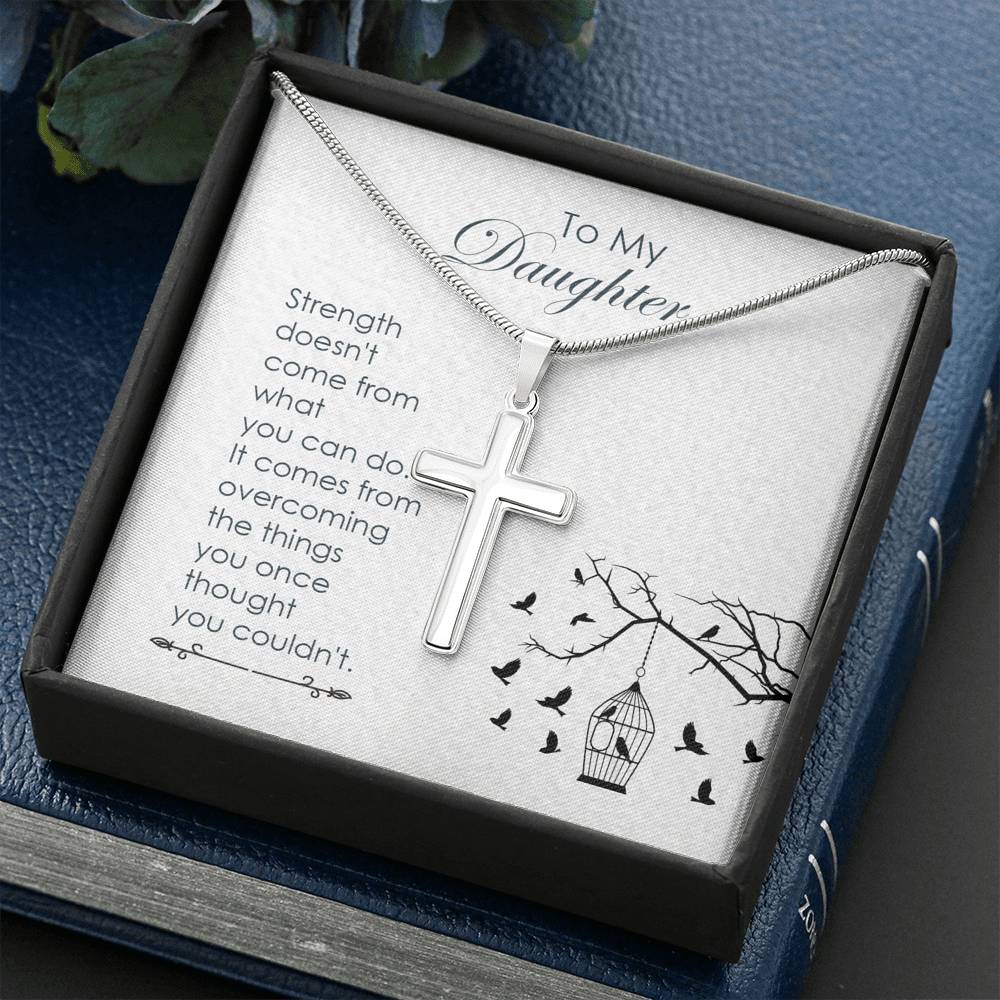To My Daughter Strength Cross Card Necklace w Stainless Steel Pendant-Express Your Love Gifts