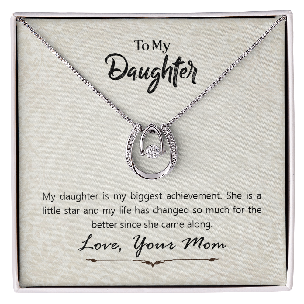 To My Daughter To My Daughte From Mom Axhievement Lucky Horseshoe Necklace Message Card 14k w CZ Crystals-Express Your Love Gifts