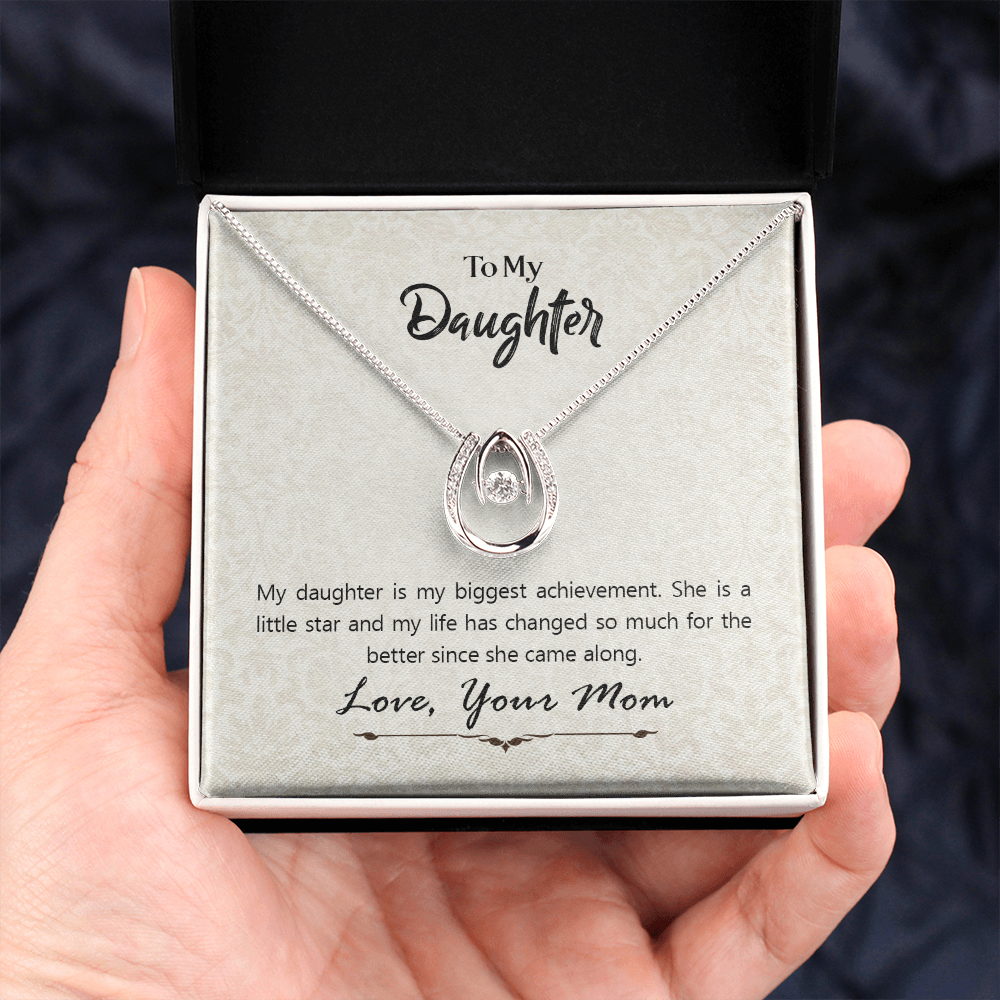 To My Daughter To My Daughte From Mom Axhievement Lucky Horseshoe Necklace Message Card 14k w CZ Crystals-Express Your Love Gifts