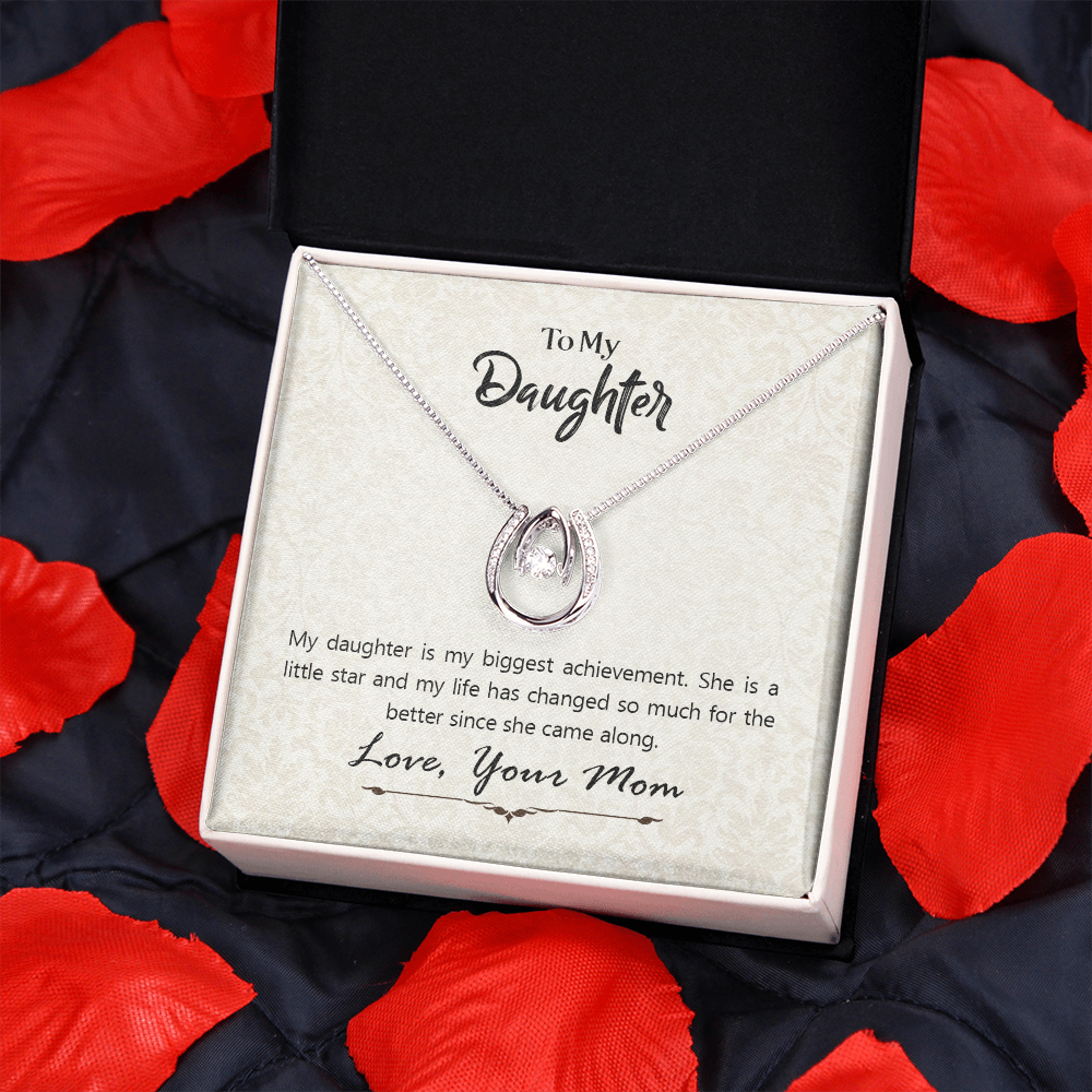 To My Daughter To My Daughte From Mom Axhievement Lucky Horseshoe Necklace Message Card 14k w CZ Crystals-Express Your Love Gifts