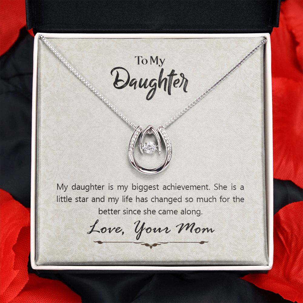 To My Daughter To My Daughte From Mom Axhievement Lucky Horseshoe Necklace Message Card 14k w CZ Crystals-Express Your Love Gifts