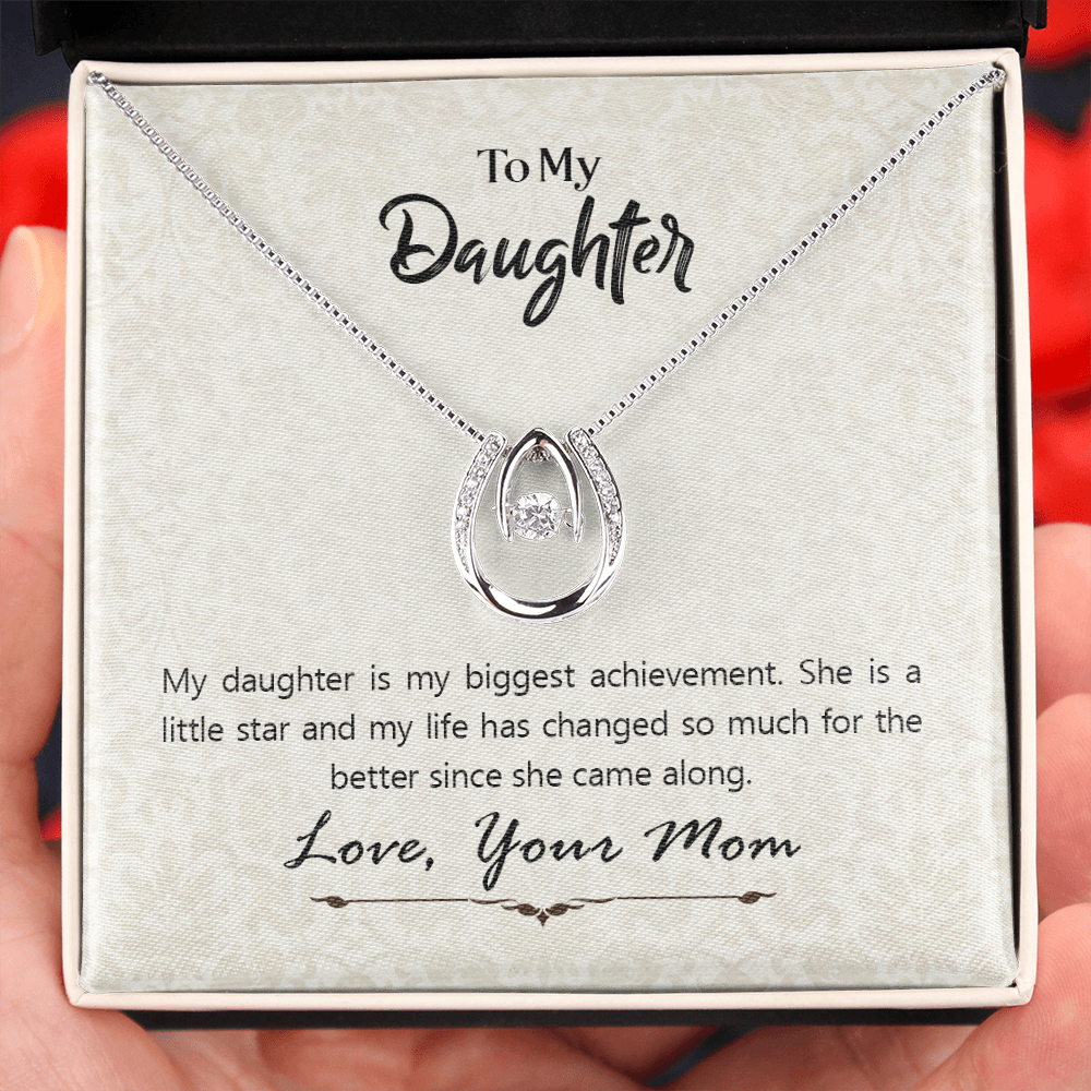 To My Daughter To My Daughte From Mom Axhievement Lucky Horseshoe Necklace Message Card 14k w CZ Crystals-Express Your Love Gifts