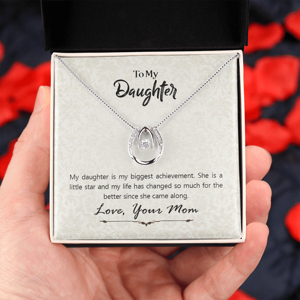 To My Daughter To My Daughte From Mom Axhievement Lucky Horseshoe Necklace Message Card 14k w CZ Crystals-Express Your Love Gifts