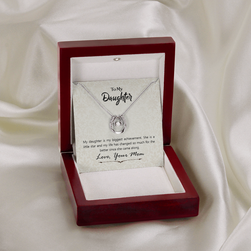 To My Daughter To My Daughte From Mom Axhievement Lucky Horseshoe Necklace Message Card 14k w CZ Crystals-Express Your Love Gifts