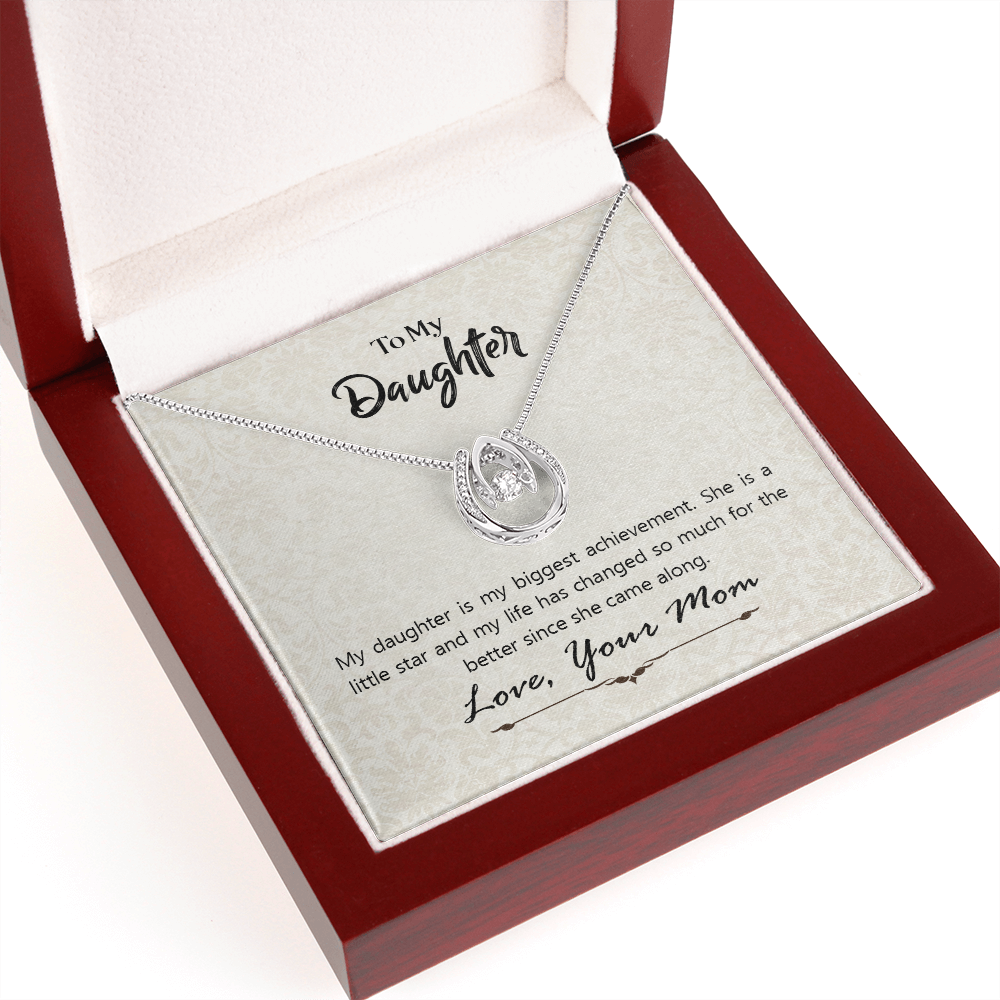 To My Daughter To My Daughte From Mom Axhievement Lucky Horseshoe Necklace Message Card 14k w CZ Crystals-Express Your Love Gifts