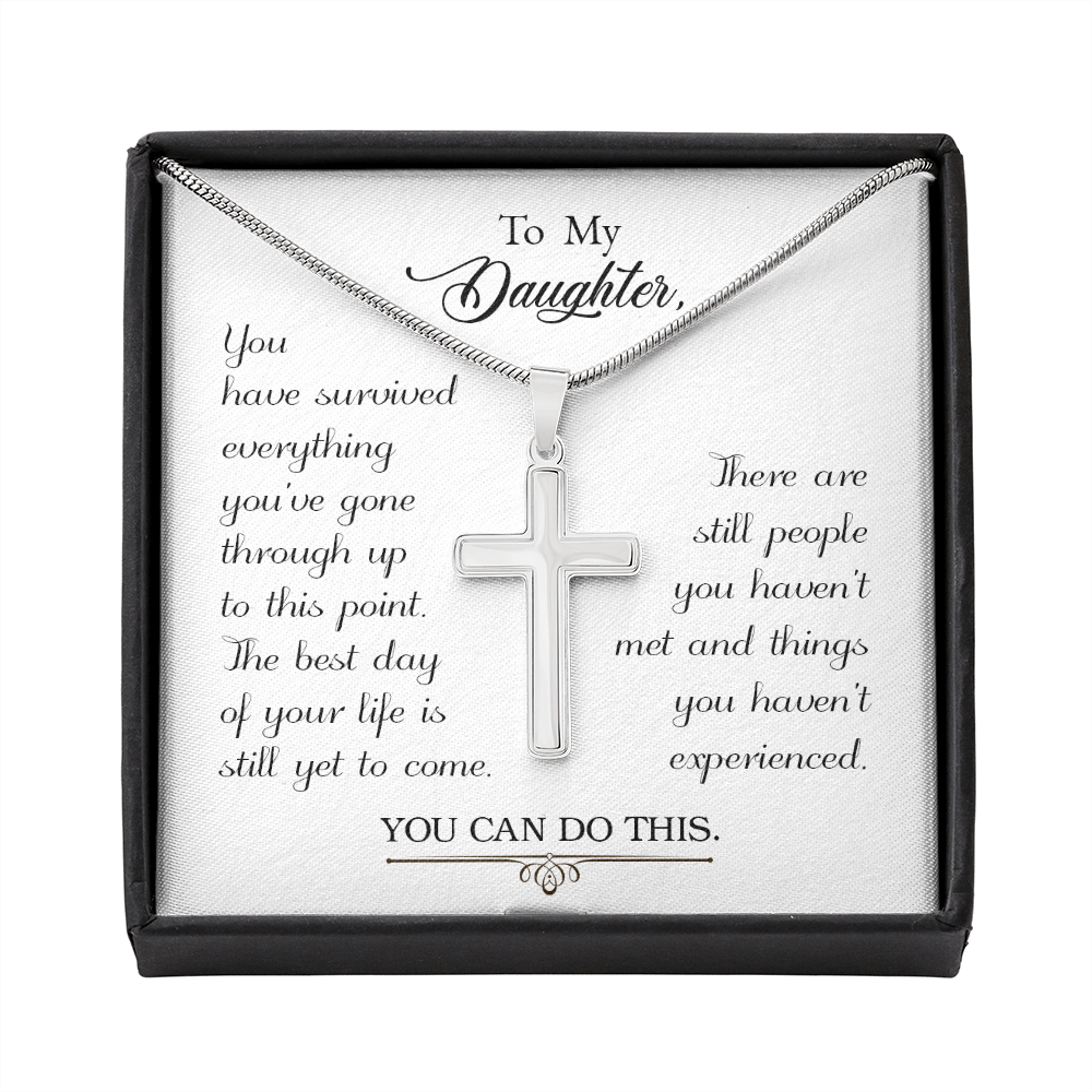 To My Daughter You Have Survived Cross Card Necklace w Stainless Steel Pendant-Express Your Love Gifts