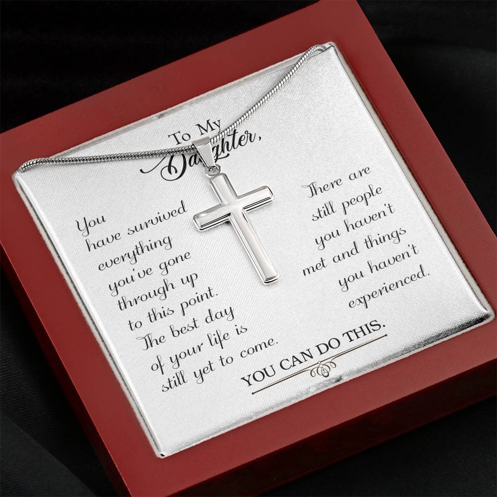 To My Daughter You Have Survived Cross Card Necklace w Stainless Steel Pendant-Express Your Love Gifts