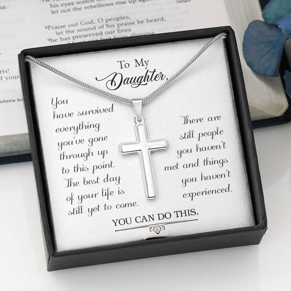 To My Daughter You Have Survived Cross Card Necklace w Stainless Steel Pendant-Express Your Love Gifts