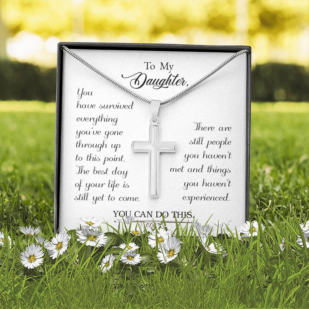 To My Daughter You Have Survived Cross Card Necklace w Stainless Steel Pendant-Express Your Love Gifts