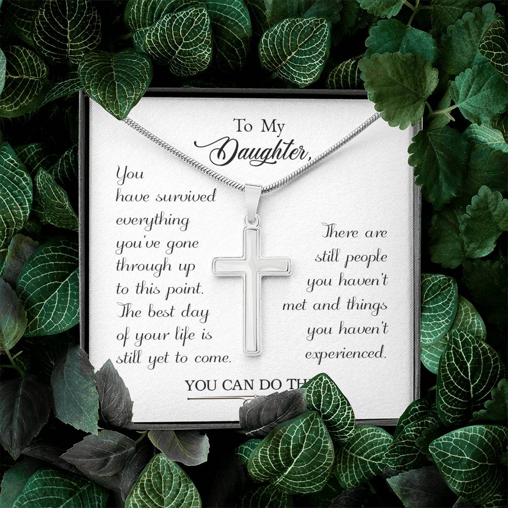 To My Daughter You Have Survived Cross Card Necklace w Stainless Steel Pendant-Express Your Love Gifts