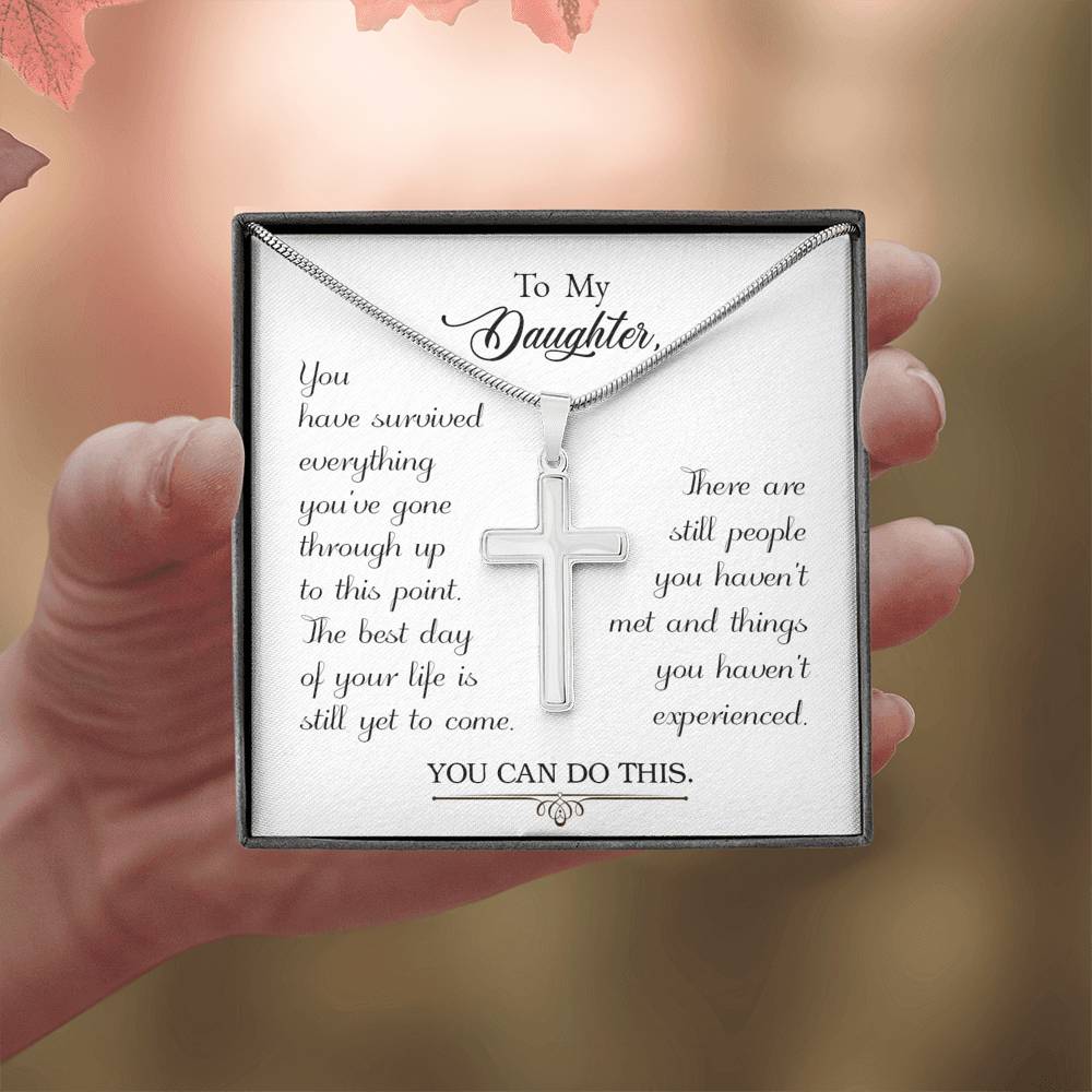 To My Daughter You Have Survived Cross Card Necklace w Stainless Steel Pendant-Express Your Love Gifts