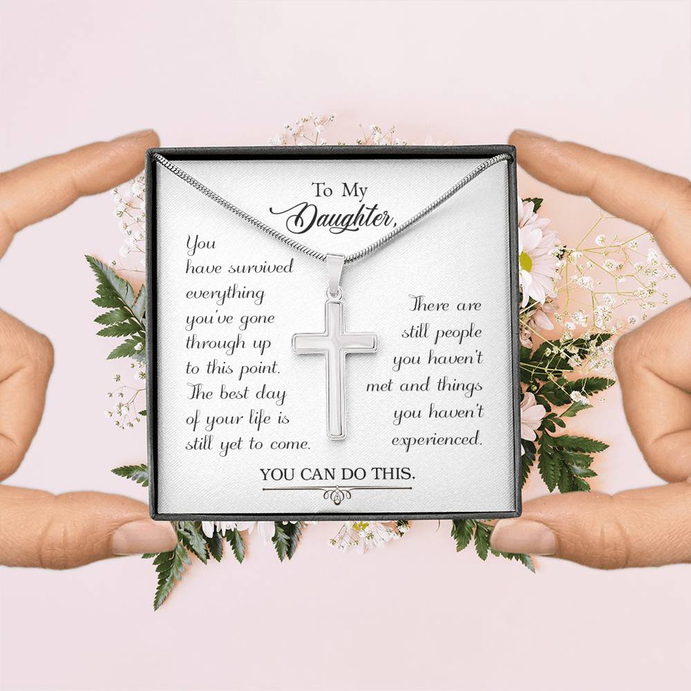 To My Daughter You Have Survived Cross Card Necklace w Stainless Steel Pendant-Express Your Love Gifts