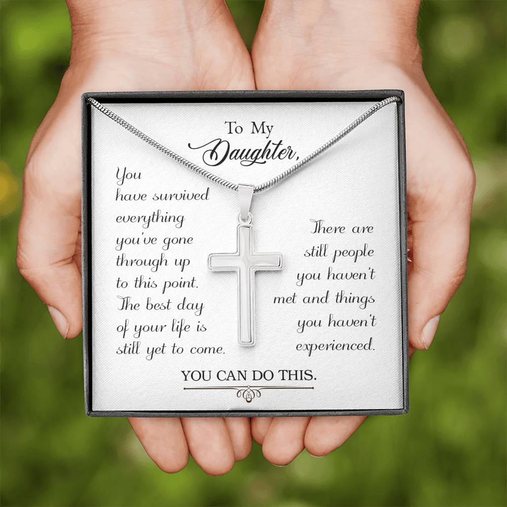 To My Daughter You Have Survived Cross Card Necklace w Stainless Steel Pendant-Express Your Love Gifts