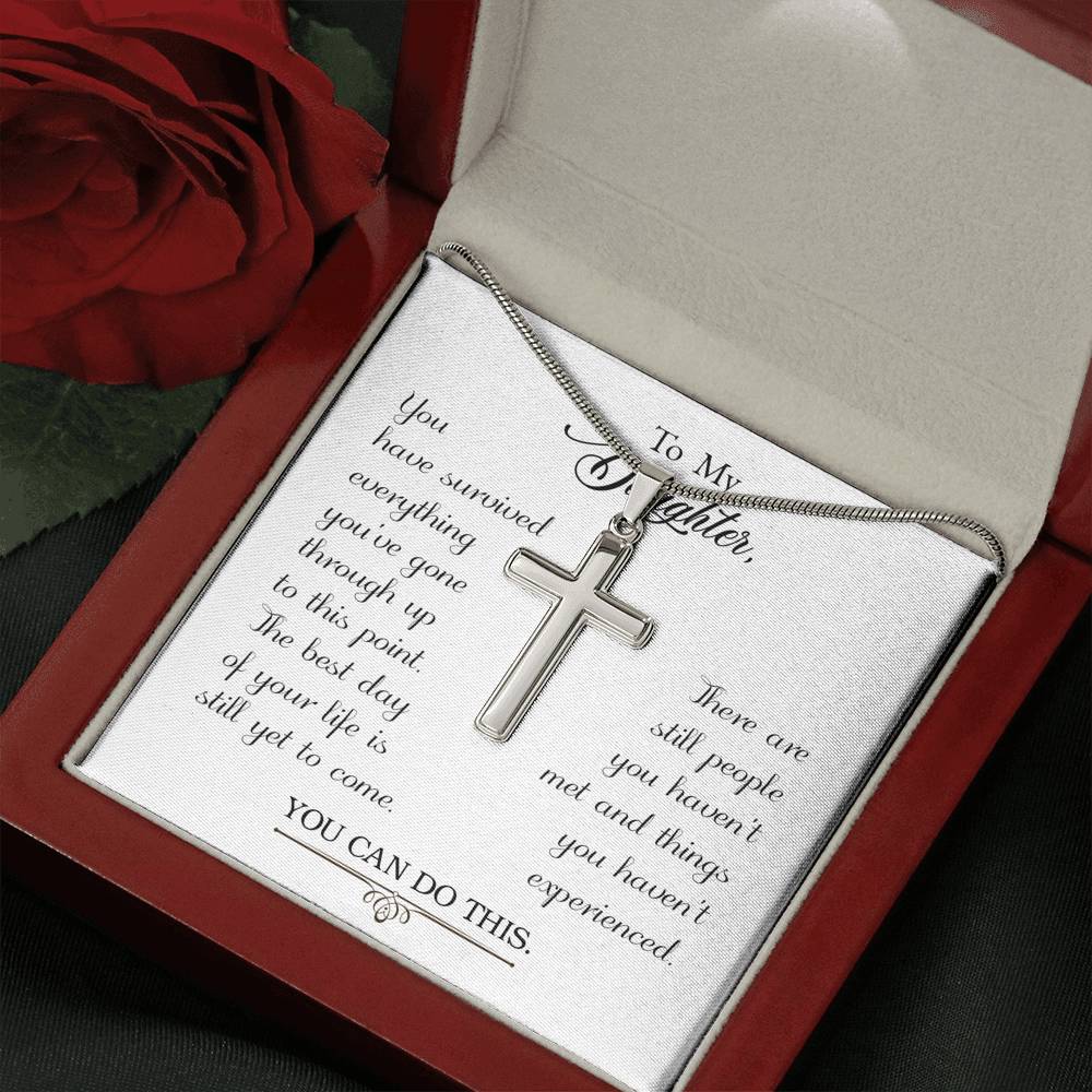 To My Daughter You Have Survived Cross Card Necklace w Stainless Steel Pendant-Express Your Love Gifts