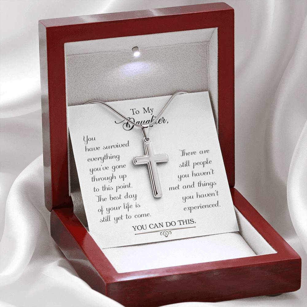 To My Daughter You Have Survived Cross Card Necklace w Stainless Steel Pendant-Express Your Love Gifts