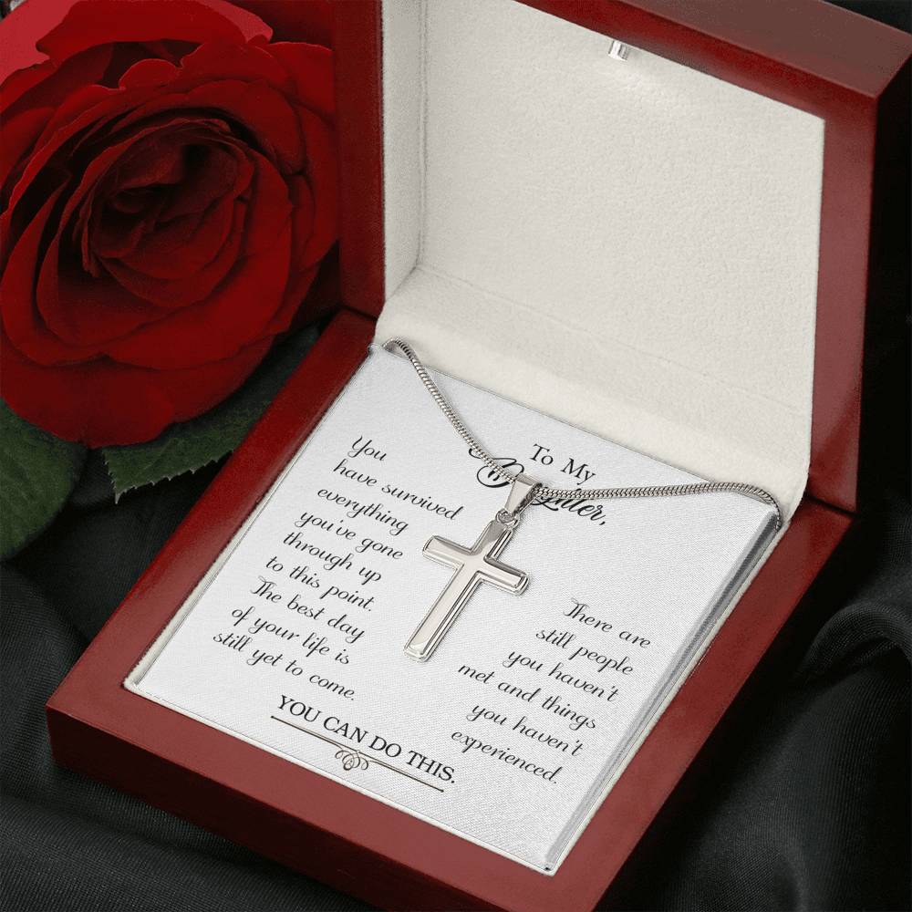 To My Daughter You Have Survived Cross Card Necklace w Stainless Steel Pendant-Express Your Love Gifts