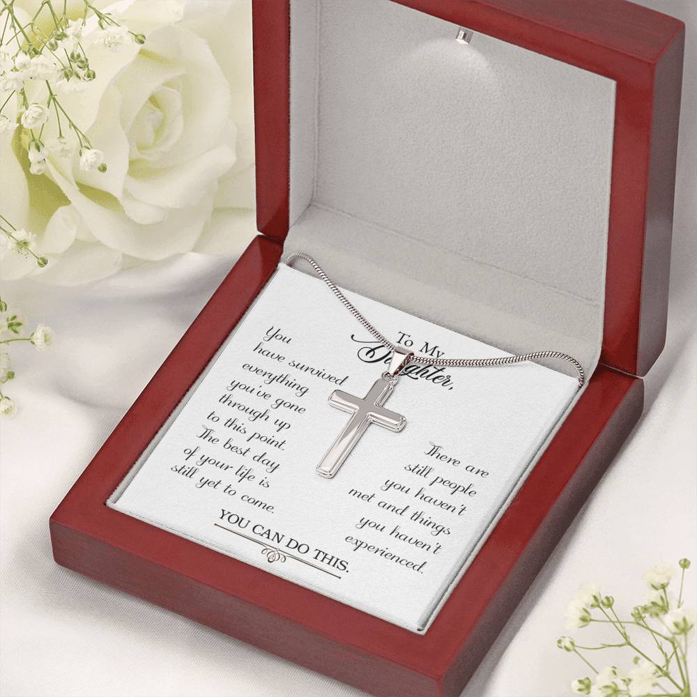 To My Daughter You Have Survived Cross Card Necklace w Stainless Steel Pendant-Express Your Love Gifts