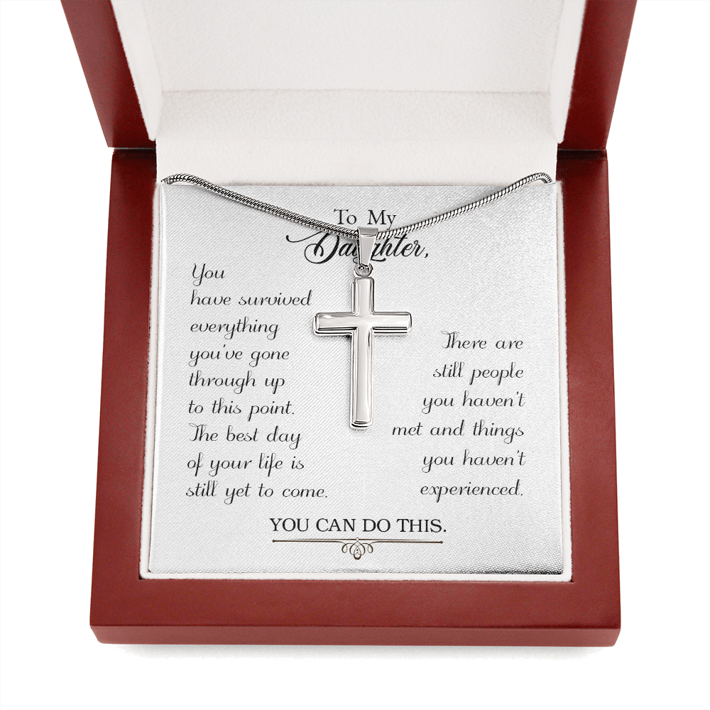 To My Daughter You Have Survived Cross Card Necklace w Stainless Steel Pendant-Express Your Love Gifts