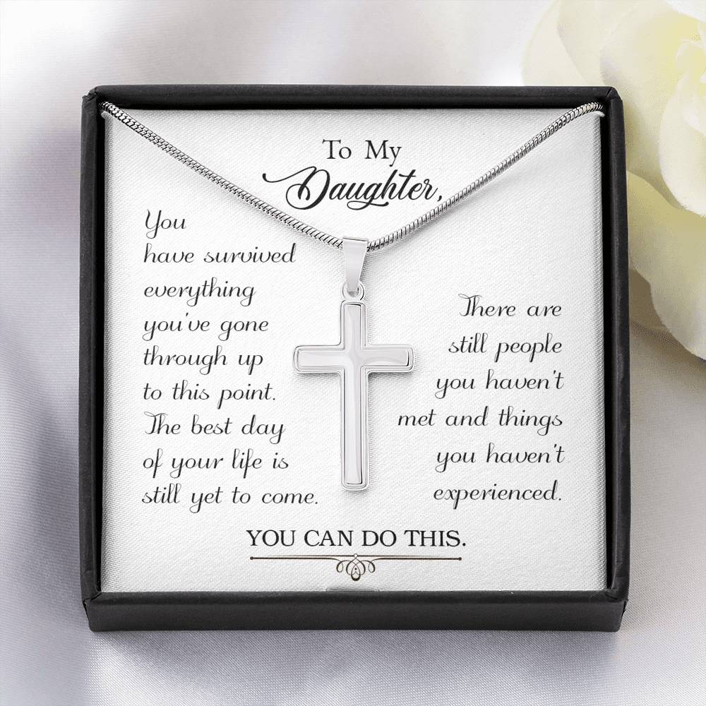 To My Daughter You Have Survived Cross Card Necklace w Stainless Steel Pendant-Express Your Love Gifts