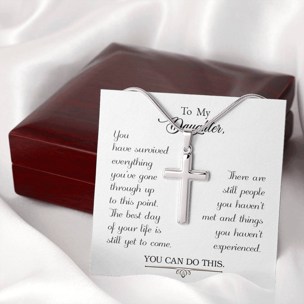 To My Daughter You Have Survived Cross Card Necklace w Stainless Steel Pendant-Express Your Love Gifts