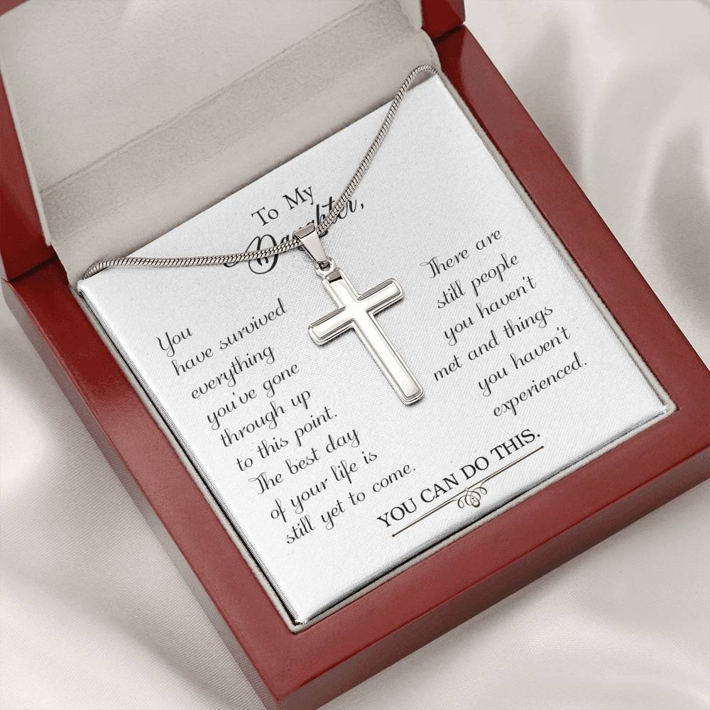 To My Daughter You Have Survived Cross Card Necklace w Stainless Steel Pendant-Express Your Love Gifts