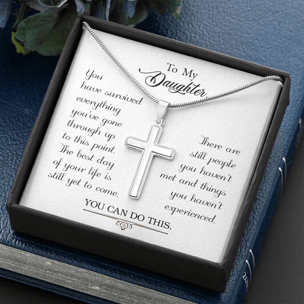 To My Daughter You Have Survived Cross Card Necklace w Stainless Steel Pendant-Express Your Love Gifts