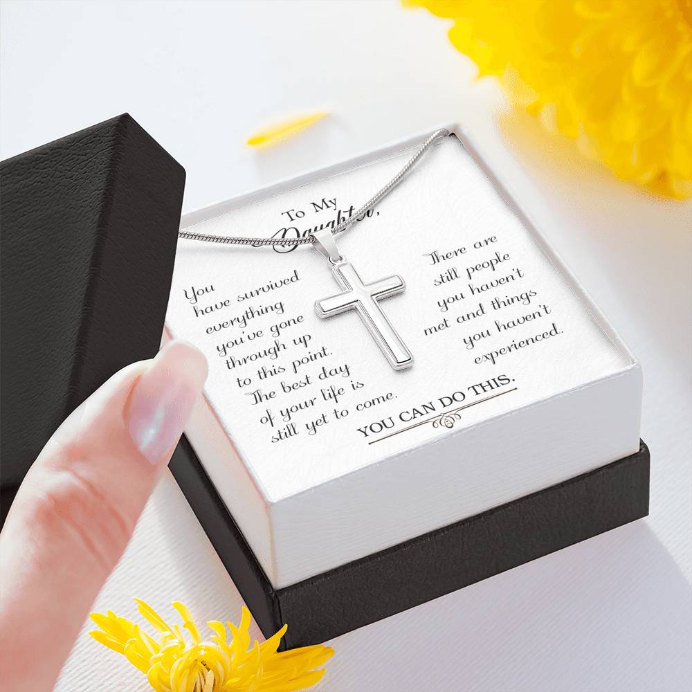 To My Daughter You Have Survived Cross Card Necklace w Stainless Steel Pendant-Express Your Love Gifts