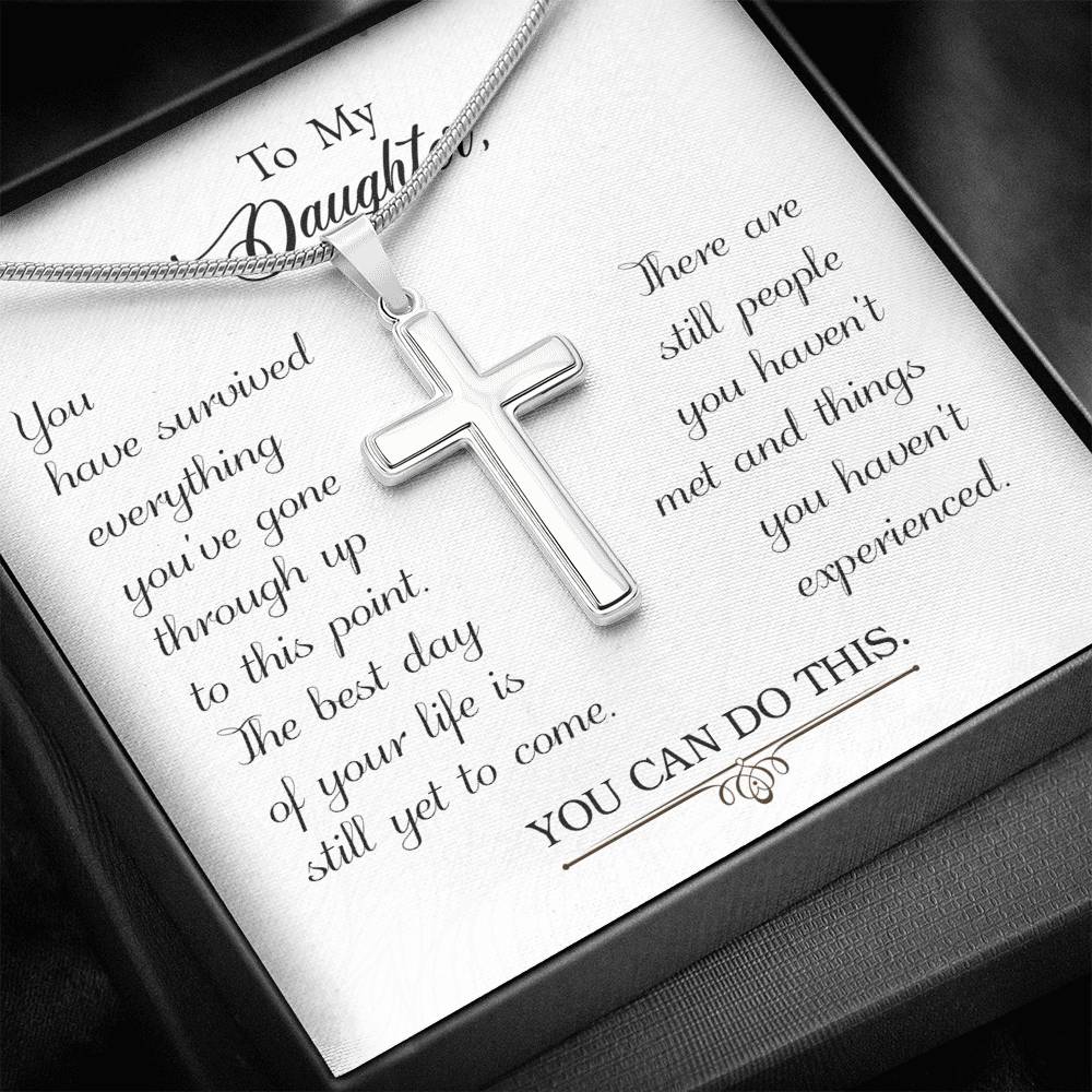 To My Daughter You Have Survived Cross Card Necklace w Stainless Steel Pendant-Express Your Love Gifts