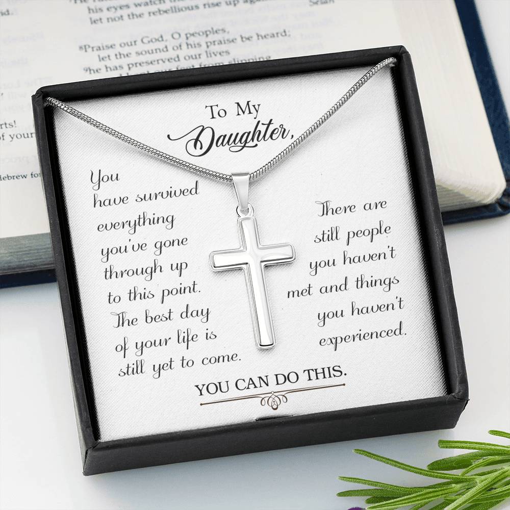 To My Daughter You Have Survived Cross Card Necklace w Stainless Steel Pendant-Express Your Love Gifts