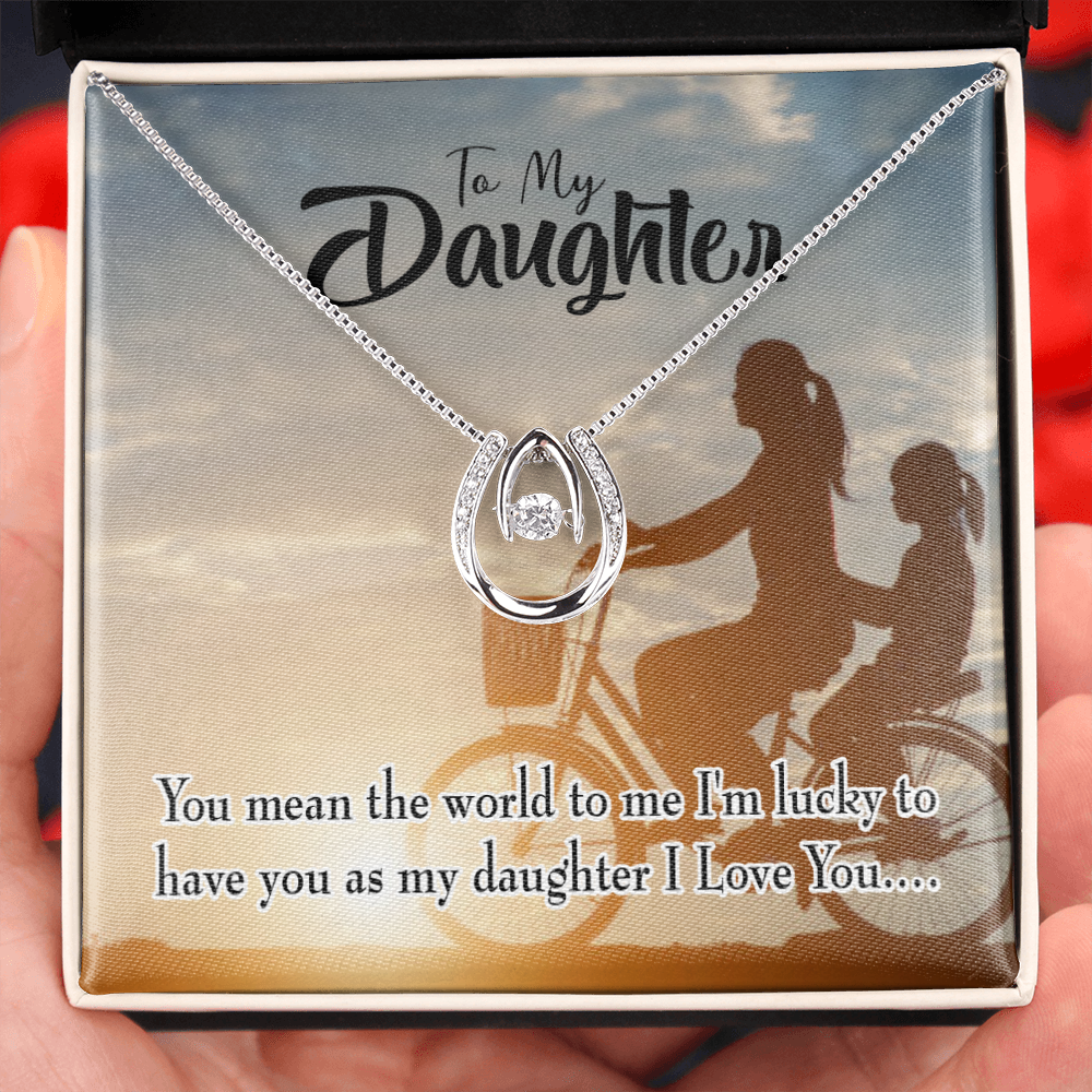 To My Daughter You Mean the World to Mom Lucky Horseshoe Necklace Message Card 14k w CZ Crystals-Express Your Love Gifts