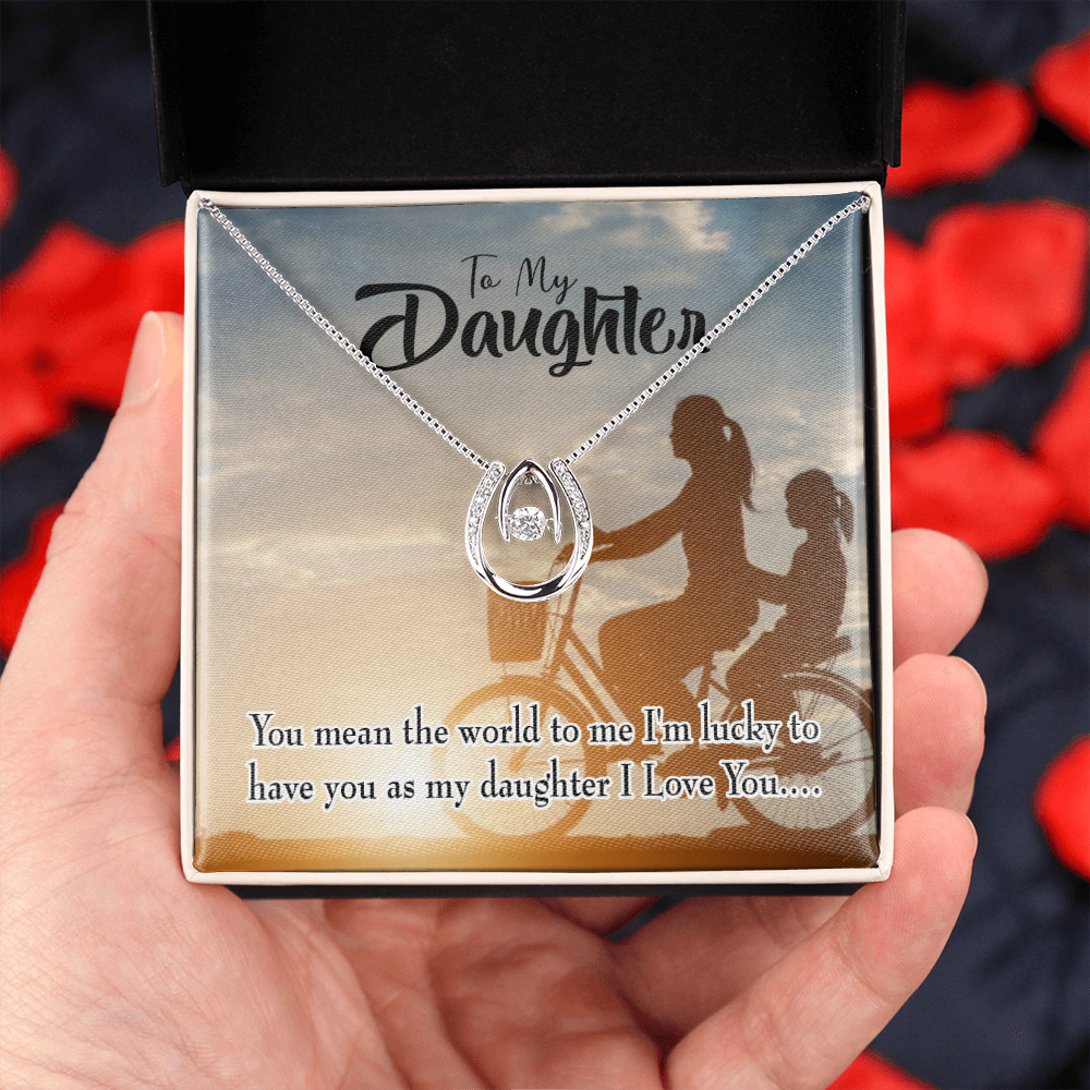 To My Daughter You Mean the World to Mom Lucky Horseshoe Necklace Message Card 14k w CZ Crystals-Express Your Love Gifts