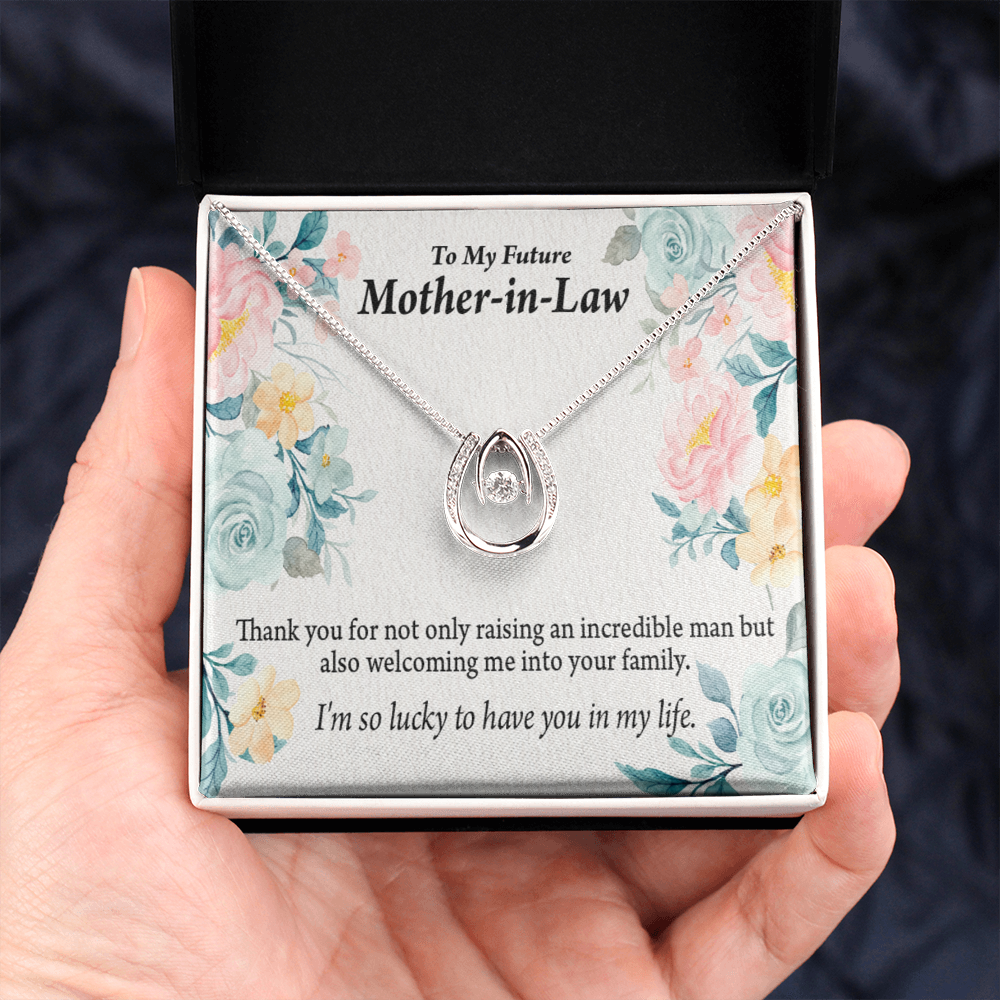 To My Future Mother-in-Law Lucky to Have You Lucky Horseshoe Necklace Message Card 14k w CZ Crystals-Express Your Love Gifts