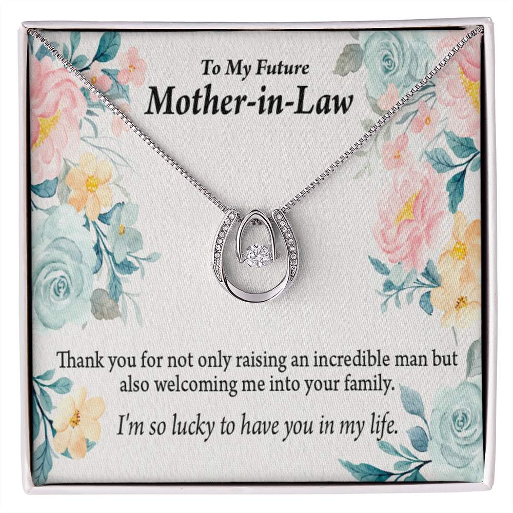 To My Future Mother-in-Law Lucky to Have You Lucky Horseshoe Necklace Message Card 14k w CZ Crystals-Express Your Love Gifts