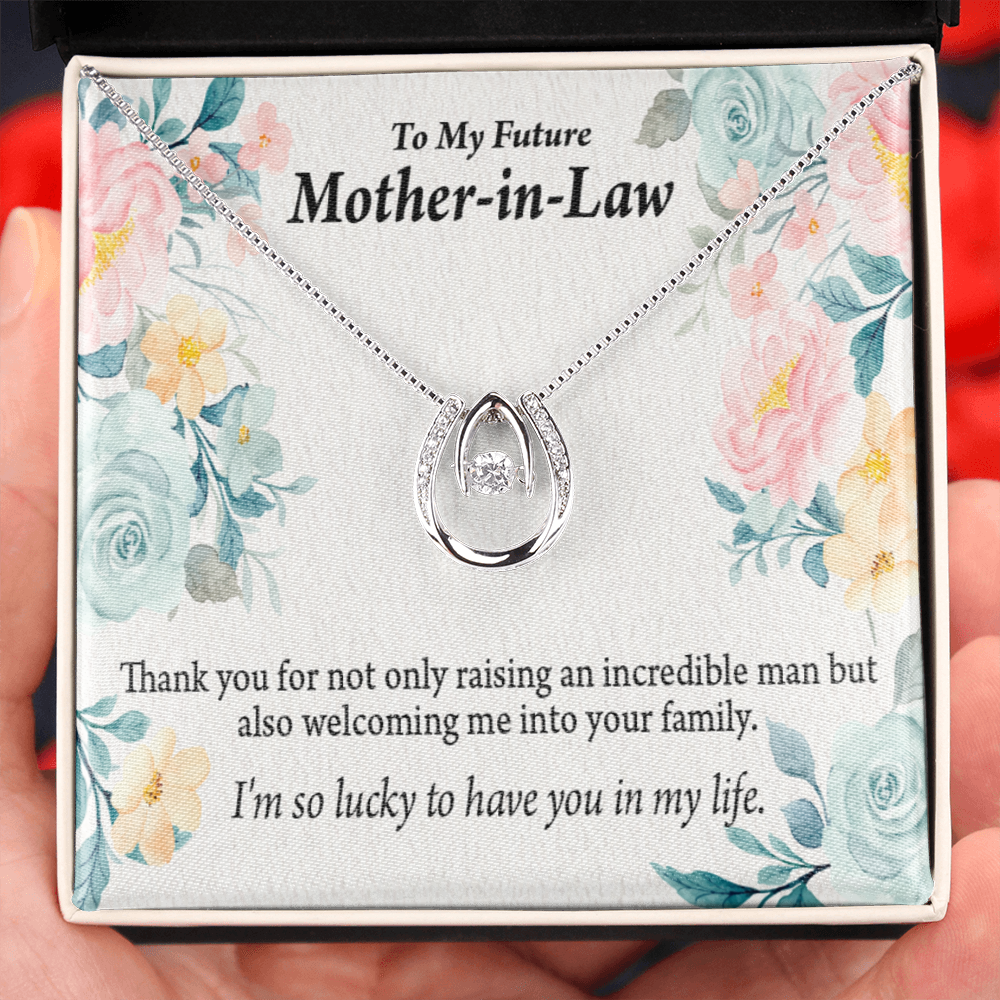 To My Future Mother-in-Law Lucky to Have You Lucky Horseshoe Necklace Message Card 14k w CZ Crystals-Express Your Love Gifts