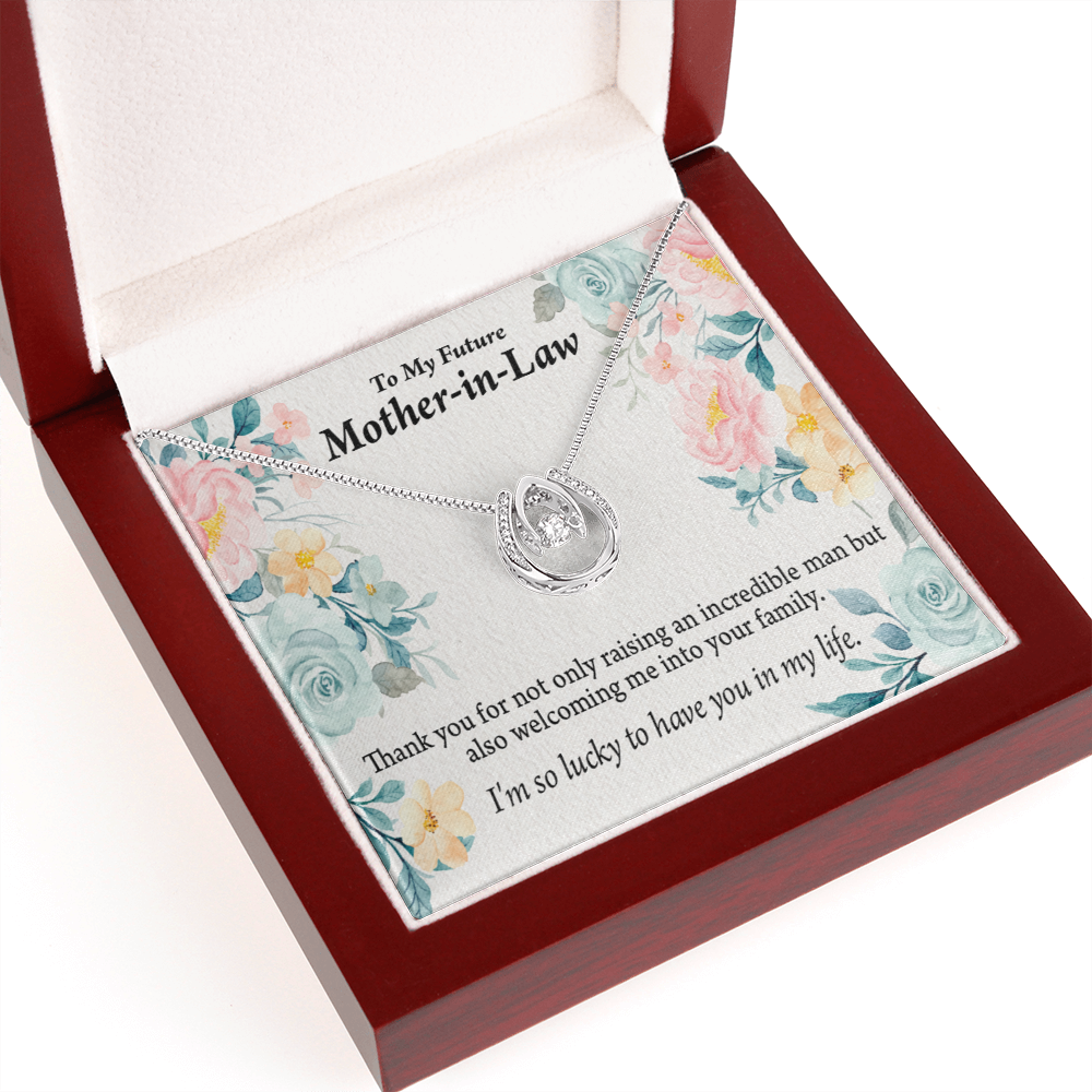 To My Future Mother-in-Law Lucky to Have You Lucky Horseshoe Necklace Message Card 14k w CZ Crystals-Express Your Love Gifts