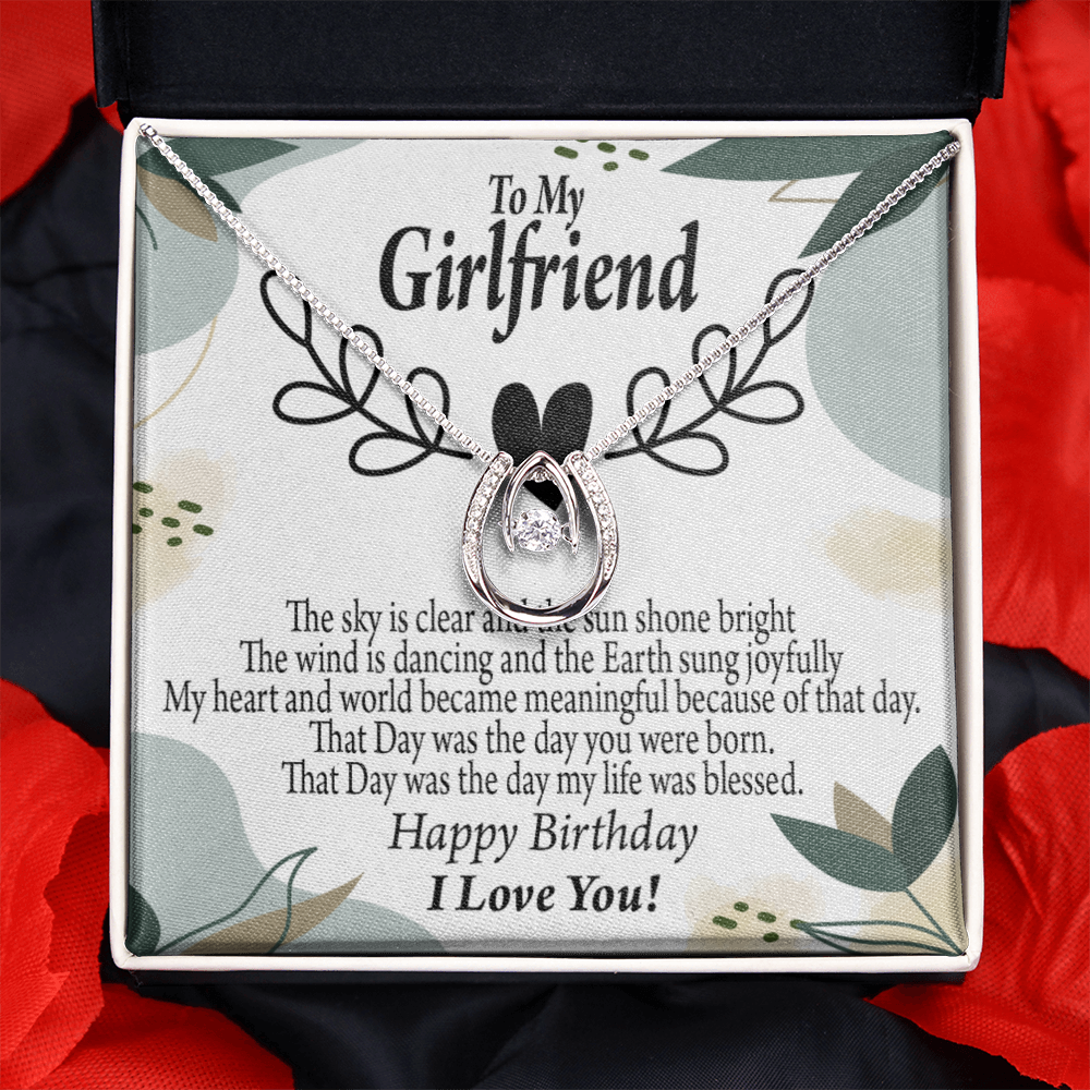 To My Girlfriend Birthday My World Lucky Horseshoe Necklace Message Card 14k w CZ Crystals-Express Your Love Gifts