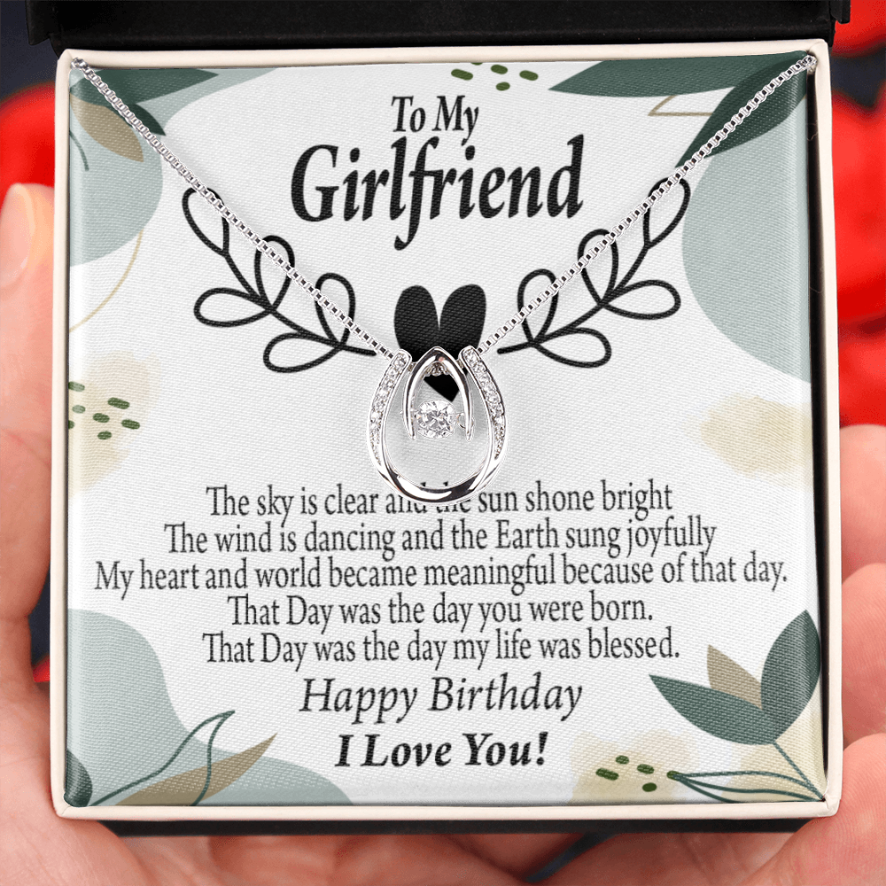 To My Girlfriend Birthday My World Lucky Horseshoe Necklace Message Card 14k w CZ Crystals-Express Your Love Gifts